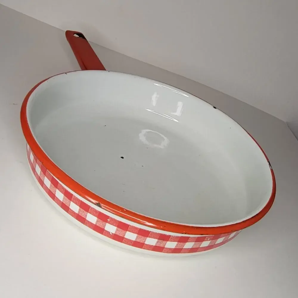 Vintage Red & white Checkered Enamelware Metal Skillet - Picture 11 of 12
